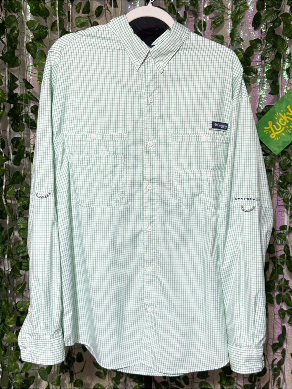 Columbia PFG Men’s Light Green Gingham Plaid Button-Down Shirt size XL